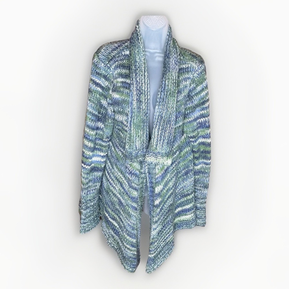 Olivia Sky Cardigan Women L‎ Blue Green Boho Open Front Cozy Cottagecore Chunky - Picture 3 of 13